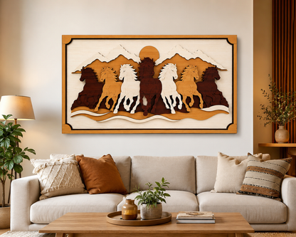WISSEN 7 Horse Wooden Wall Art | Premium 5 Layer 3D Wooden Wall Decor for Living Room, Office &amp; Home | Vastu Decorative Wall Hanging (36 x 19.5 Inches)