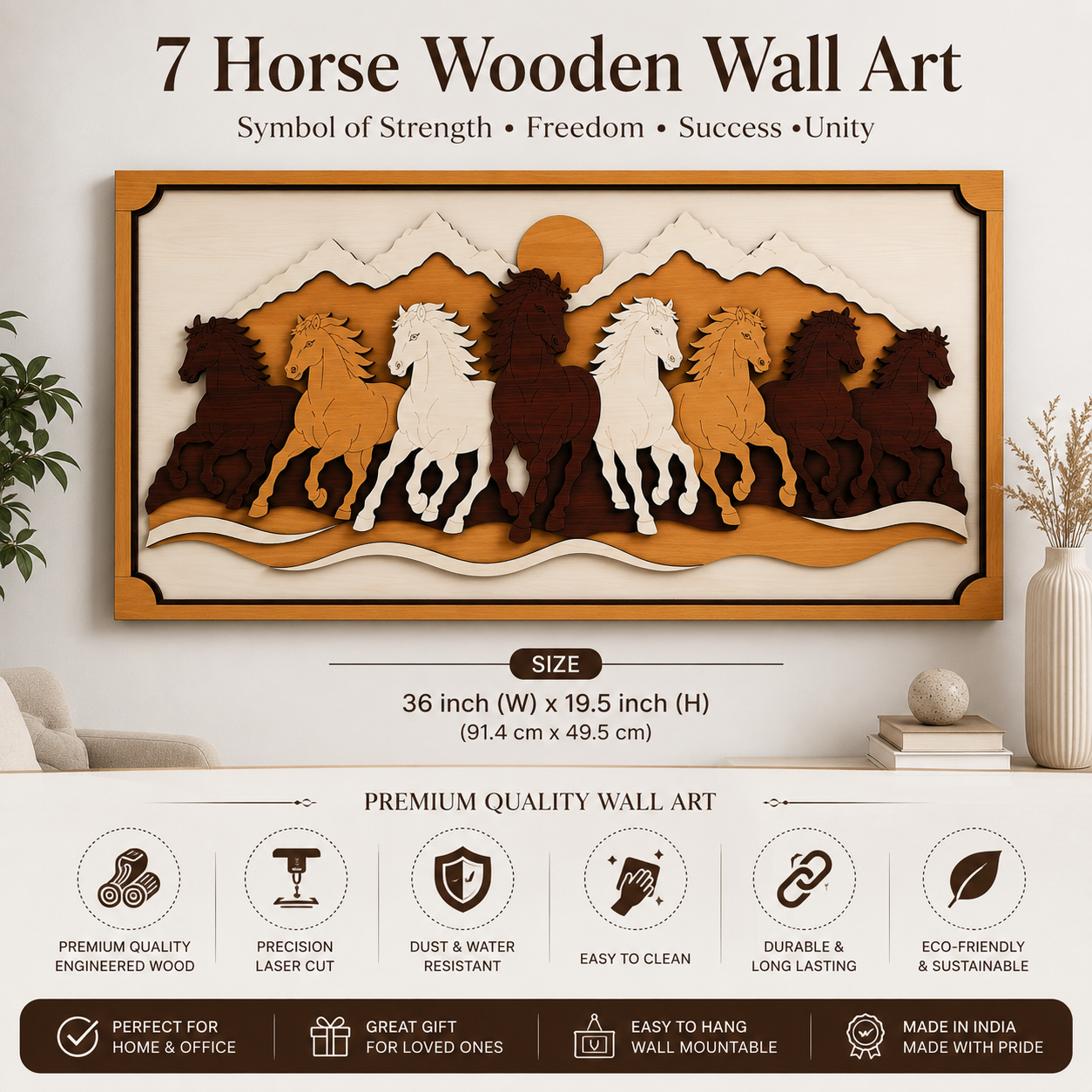 WISSEN 7 Horse Wooden Wall Art | Premium 5 Layer 3D Wooden Wall Decor for Living Room, Office &amp; Home | Vastu Decorative Wall Hanging (36 x 19.5 Inches)