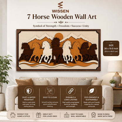 WISSEN 7 Horse Wooden Wall Art | Premium 5 Layer 3D Wooden Wall Decor for Living Room, Office &amp; Home | Vastu Decorative Wall Hanging (36 x 19.5 Inches)