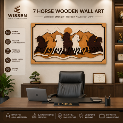 WISSEN 7 Horse Wooden Wall Art | Premium 5 Layer 3D Wooden Wall Decor for Living Room, Office &amp; Home | Vastu Decorative Wall Hanging (36 x 19.5 Inches)