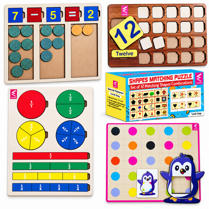 Wissen Maths & Reasoning Learning Kit for Kids Age 4–5 Years | 5-in-1 Wooden Educational Activity Set | Number Counting, Addition & Subtraction, Fractions, Shape Matching & Colour Reasoning Games