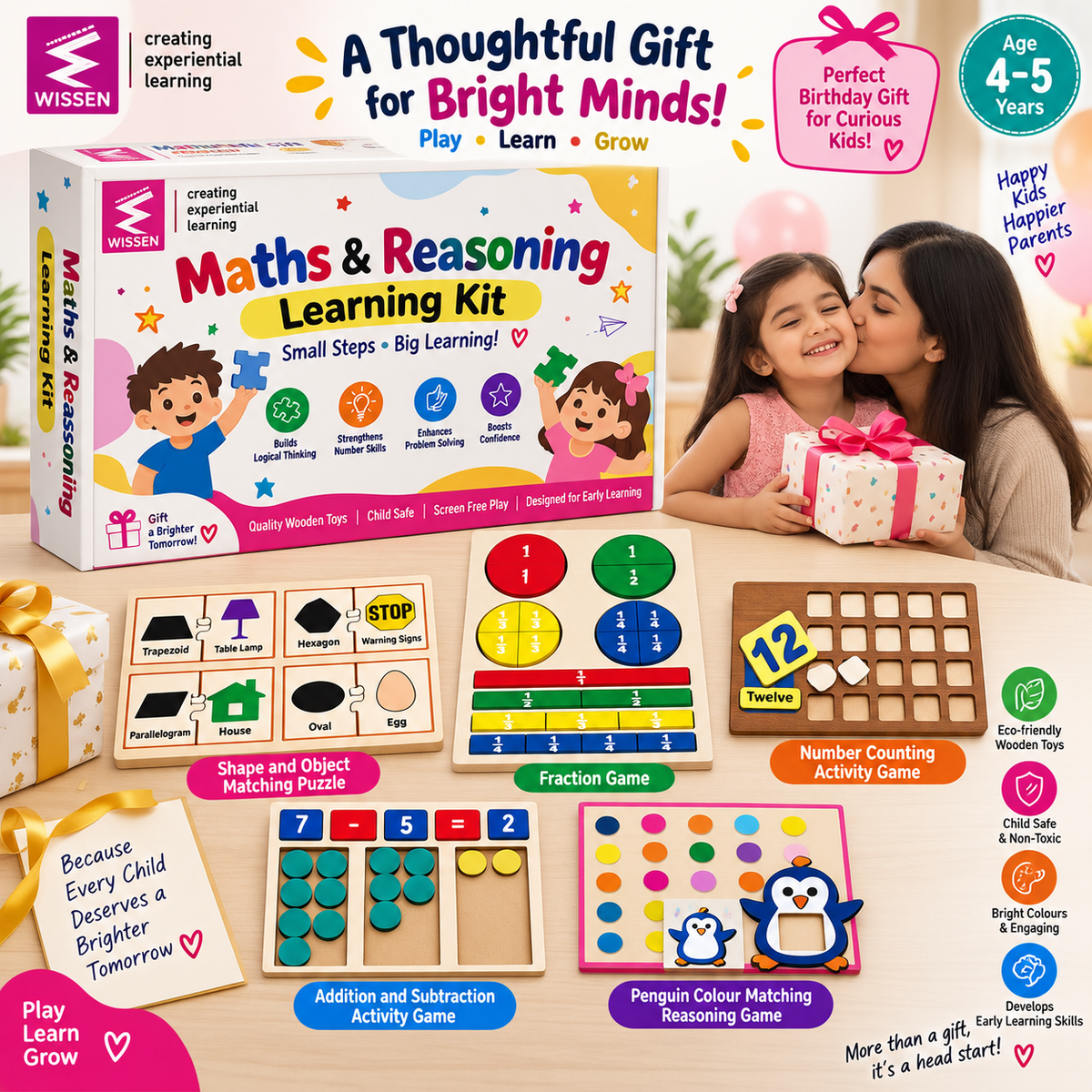 Wissen Maths & Reasoning Learning Kit for Kids Age 4–5 Years | 5-in-1 Wooden Educational Activity Set | Number Counting, Addition & Subtraction, Fractions, Shape Matching & Colour Reasoning Games