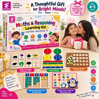 Wissen Maths & Reasoning Learning Kit for Kids Age 4–5 Years | 5-in-1 Wooden Educational Activity Set | Number Counting, Addition & Subtraction, Fractions, Shape Matching & Colour Reasoning Games