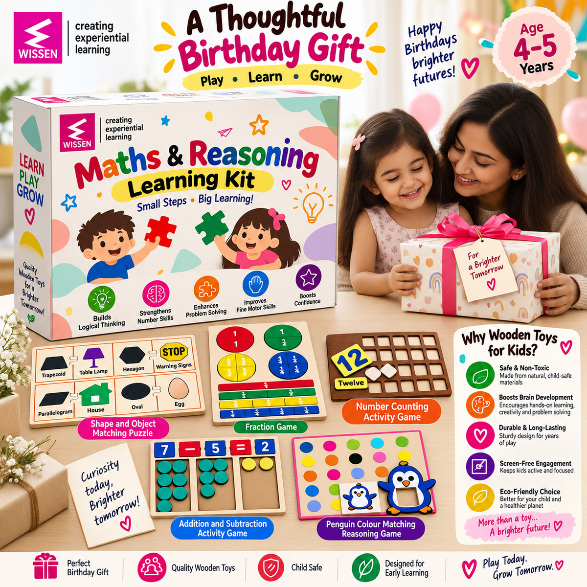 Wissen Maths & Reasoning Learning Kit for Kids Age 4–5 Years | 5-in-1 Wooden Educational Activity Set | Number Counting, Addition & Subtraction, Fractions, Shape Matching & Colour Reasoning Games