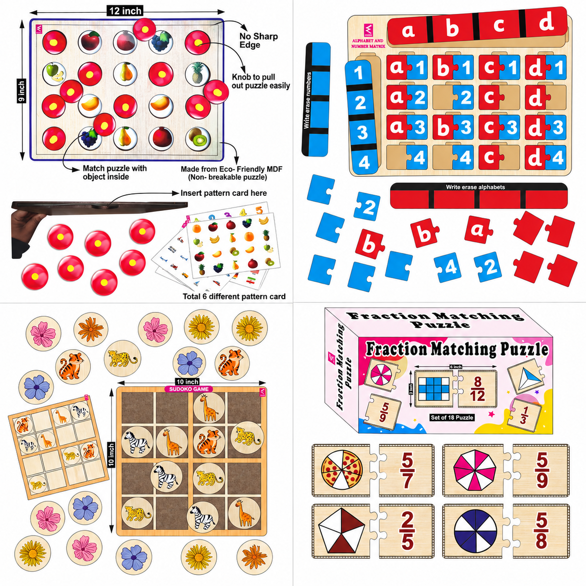 Wissen Maths & Reasoning Learning Kit for Kids Age 6–7 Years | 4-in-1 Wooden Educational Games – Memory Game, Alphabet & Number Matrix, Sudoku & Fraction Master Puzzle | Brain Development & Logical Thinking Toy