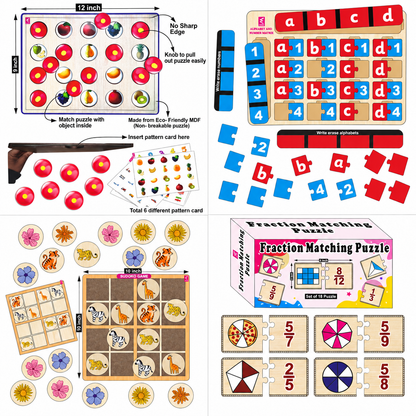Wissen Maths & Reasoning Learning Kit for Kids Age 6–7 Years | 4-in-1 Wooden Educational Games – Memory Game, Alphabet & Number Matrix, Sudoku & Fraction Master Puzzle | Brain Development & Logical Thinking Toy