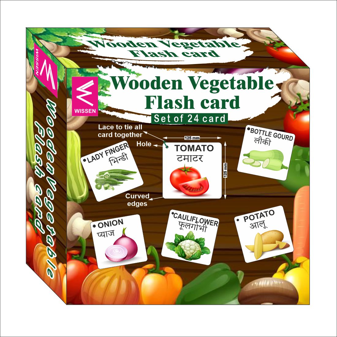 Wooden (MDF) vegetables Learning Flash card with lacing thread.