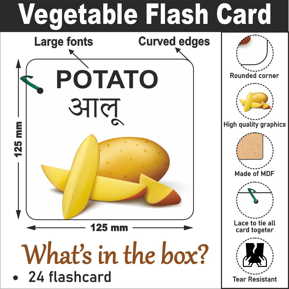 Wooden (MDF) vegetables Learning Flash card with lacing thread.