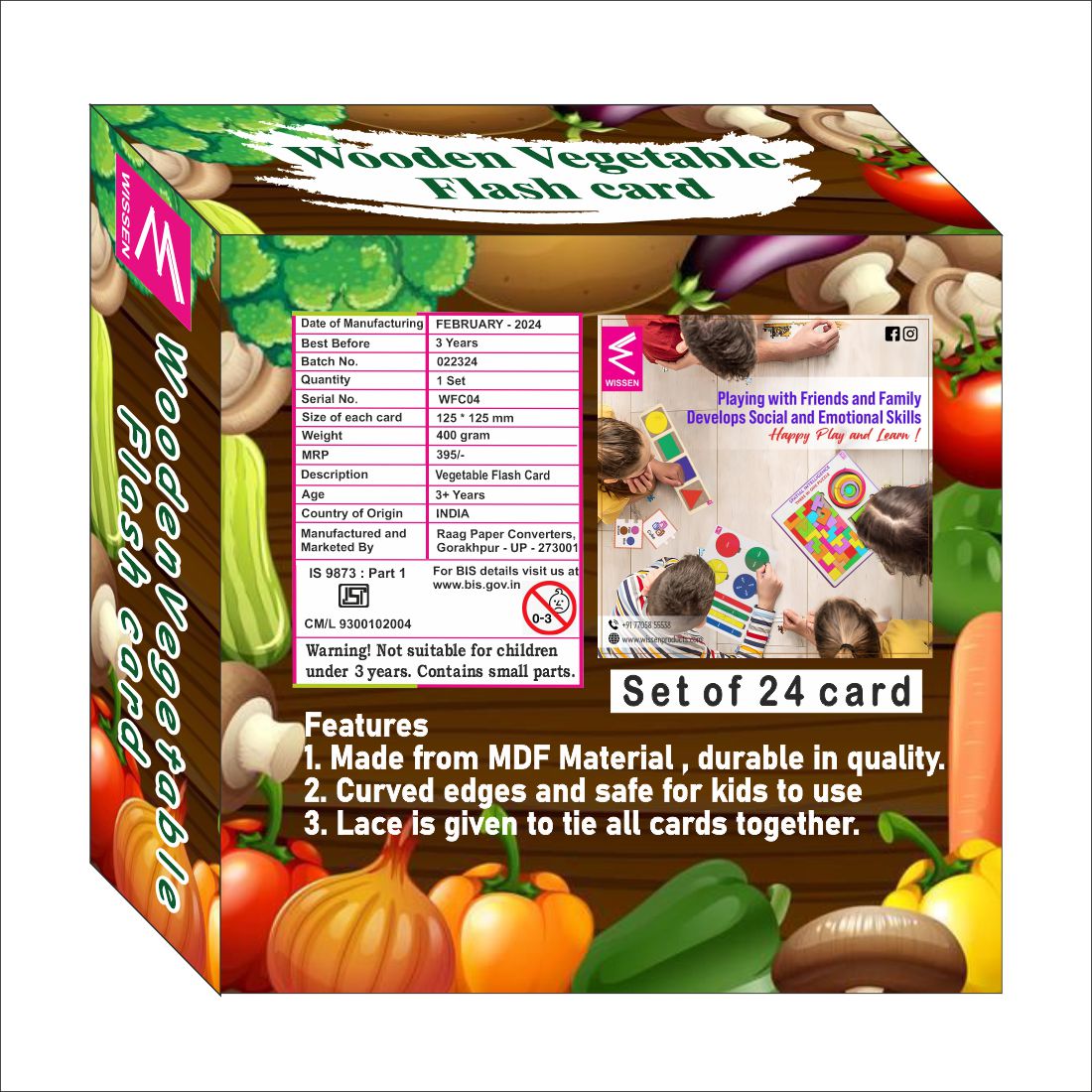 Wooden (MDF) vegetables Learning Flash card with lacing thread.