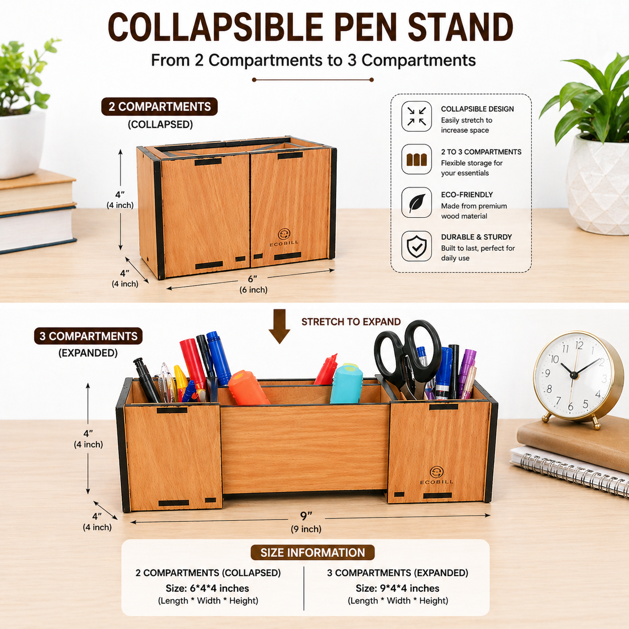 Collapsible Wooden Pen Stand Organizer | Expandable 2 to 3 Compartment Desk Organizer for Pens, Stationery & Office Accessories