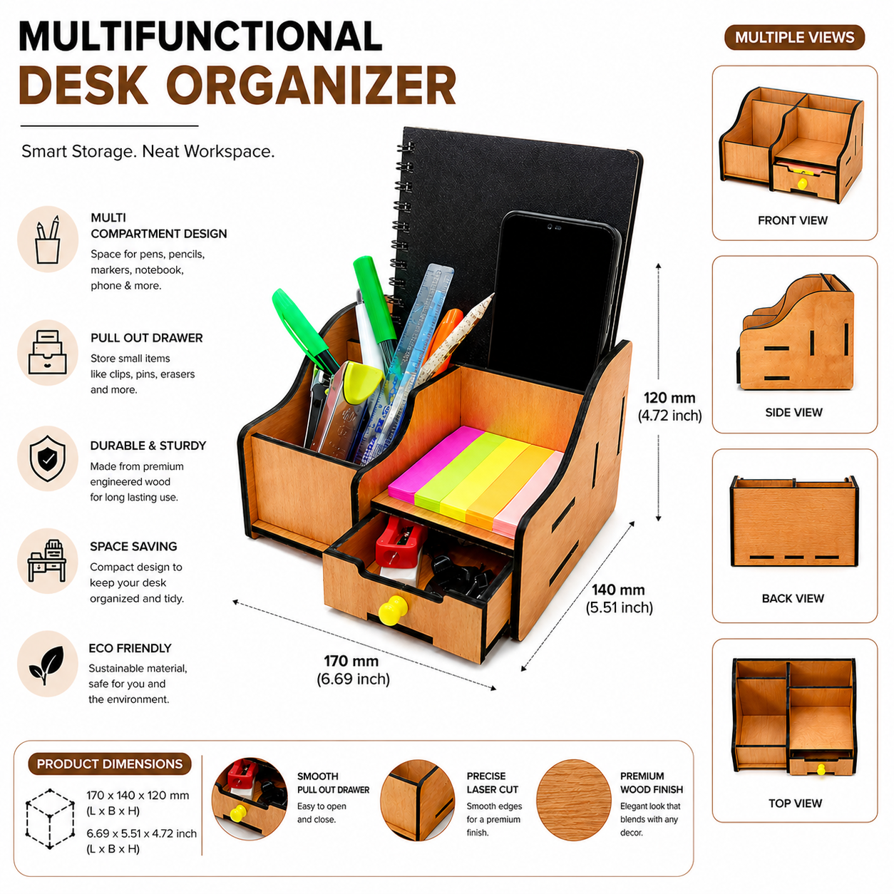 Wooden Desk Organizer with Drawer