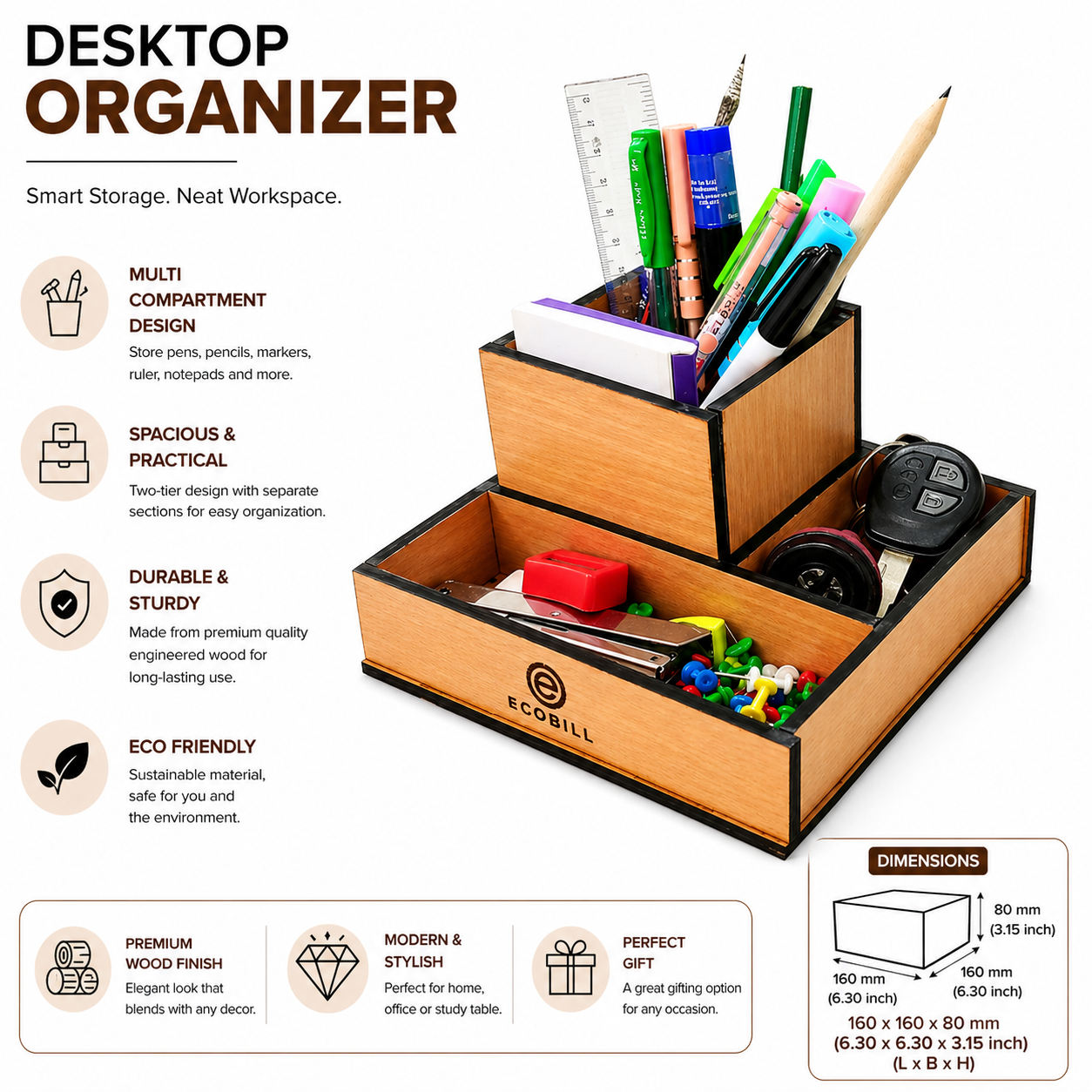 Wooden Desk Organizer with Pen Stand