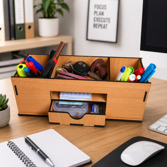 Large Wooden Desk Organizer with Drawer | Multipurpose Office Table Organizer for Pens, Stationery & Accessories | Premium Laminated MDF Desktop Storage for Office, Home & Study Table