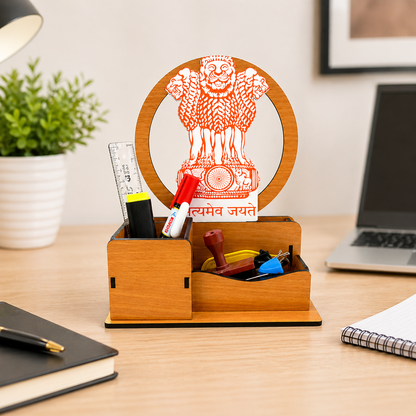 Ashoka Emblem Inspired Wooden Desk Organizer with Pen Stand | Multipurpose Office Table Organizer for Pens, Stationery & Accessories | Premium Laminated MDF Wood Desk Caddy for Office, Home & Study Table