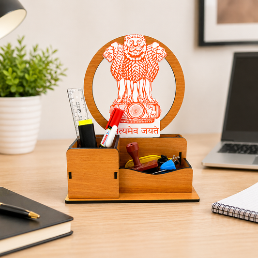 Ashoka Emblem Inspired Wooden Desk Organizer with Pen Stand | Multipurpose Office Table Organizer for Pens, Stationery & Accessories | Premium Laminated MDF Wood Desk Caddy for Office, Home & Study Table