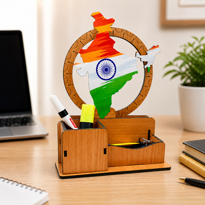 India Map Inspired Wooden Desk Organizer with Pen Stand | Premium Laminated MDF Office Table Organizer for Pens, Stationery & Accessories | Multipurpose Desk Caddy for Office, Home & Study Table