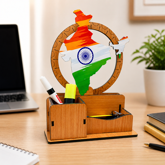 India Map Inspired Wooden Desk Organizer with Pen Stand | Premium Laminated MDF Office Table Organizer for Pens, Stationery & Accessories | Multipurpose Desk Caddy for Office, Home & Study Table