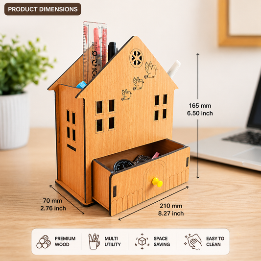 House Shape Wooden Desk Organizer with Drawer | Multipurpose Pen Stand & Stationery Holder for Office Desk, Study Table & Home | Premium Laminated MDF Desktop Organizer Box