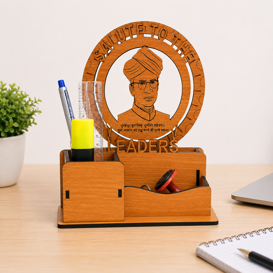 Salute to the Leaders Wooden Desk Organizer with Pen Stand | Premium Laminated MDF Office Table Organizer for Pens, Stationery & Accessories | Decorative Desktop Organizer for Office, Home & Study Table