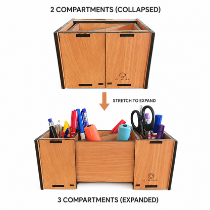 Collapsible Wooden Pen Stand Organizer | Expandable 2 to 3 Compartment Desk Organizer for Pens, Stationery & Office Accessories