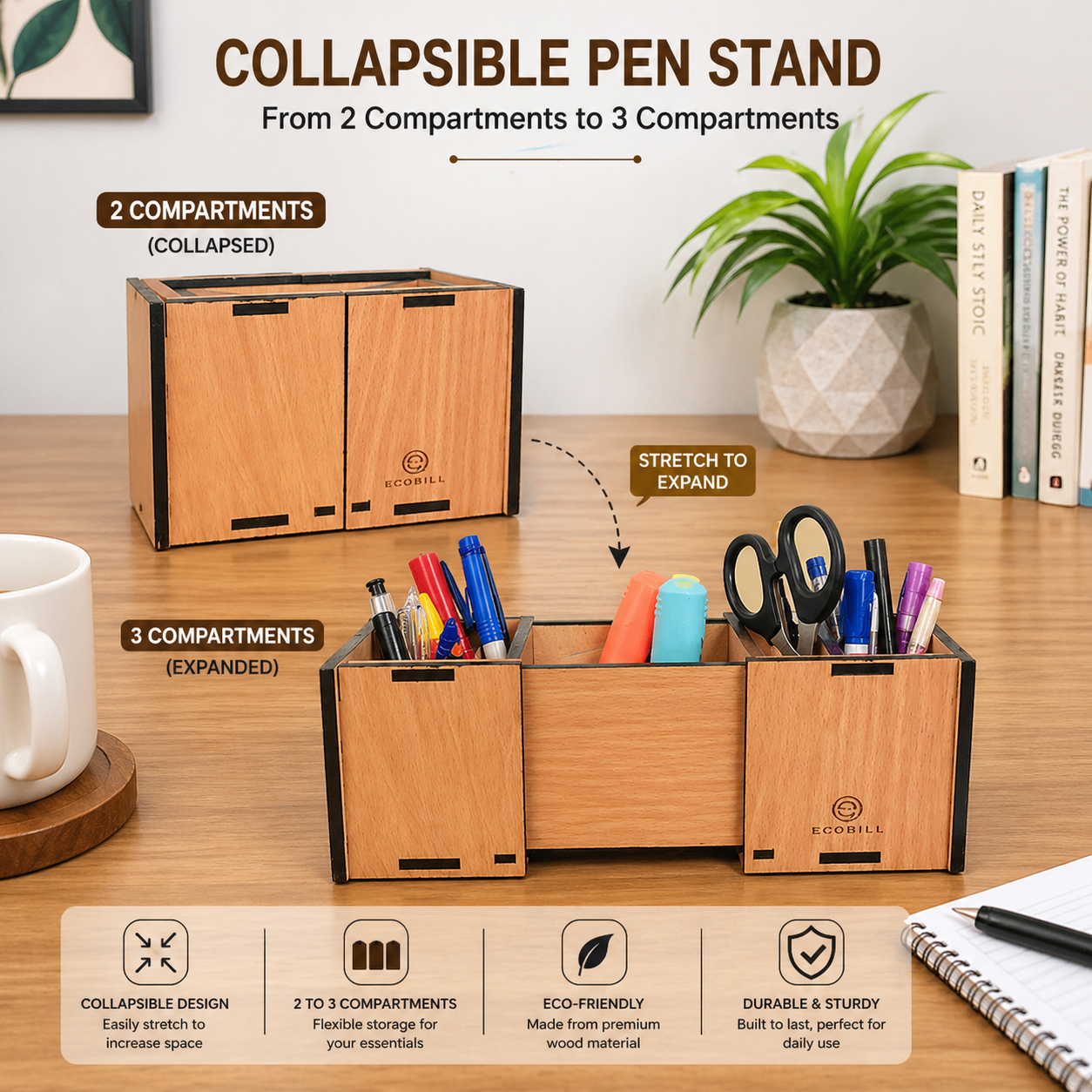 Collapsible Wooden Pen Stand Organizer | Expandable 2 to 3 Compartment Desk Organizer for Pens, Stationery & Office Accessories