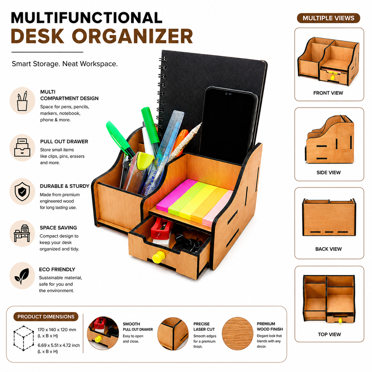 Wooden Desk Organizer with Drawer