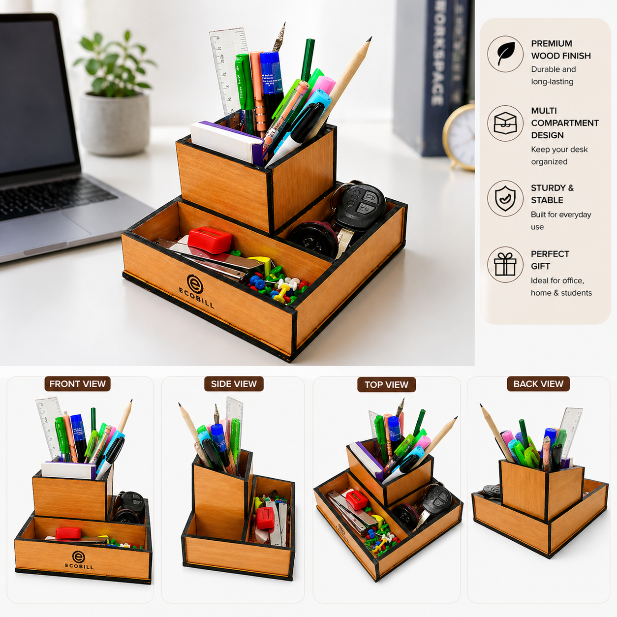 Wooden Desk Organizer with Pen Stand