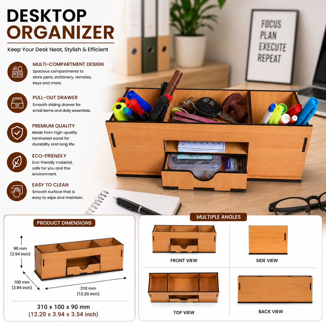 Large Wooden Desk Organizer with Drawer | Multipurpose Office Table Organizer for Pens, Stationery & Accessories | Premium Laminated MDF Desktop Storage for Office, Home & Study Table
