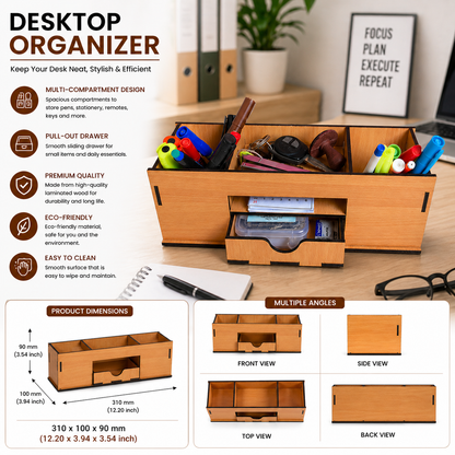 Large Wooden Desk Organizer with Drawer | Multipurpose Office Table Organizer for Pens, Stationery & Accessories | Premium Laminated MDF Desktop Storage for Office, Home & Study Table