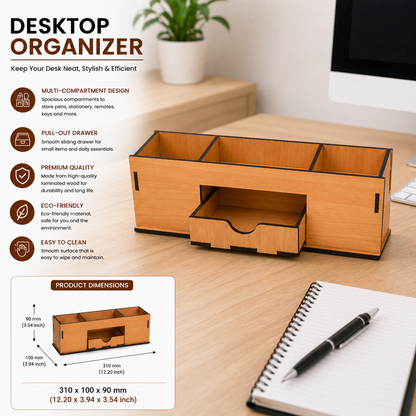 Large Wooden Desk Organizer with Drawer | Multipurpose Office Table Organizer for Pens, Stationery & Accessories | Premium Laminated MDF Desktop Storage for Office, Home & Study Table