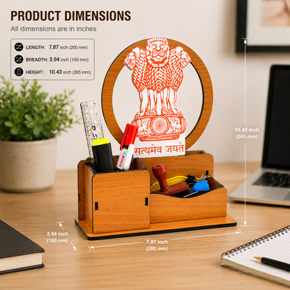 Ashoka Emblem Inspired Wooden Desk Organizer with Pen Stand | Multipurpose Office Table Organizer for Pens, Stationery & Accessories | Premium Laminated MDF Wood Desk Caddy for Office, Home & Study Table