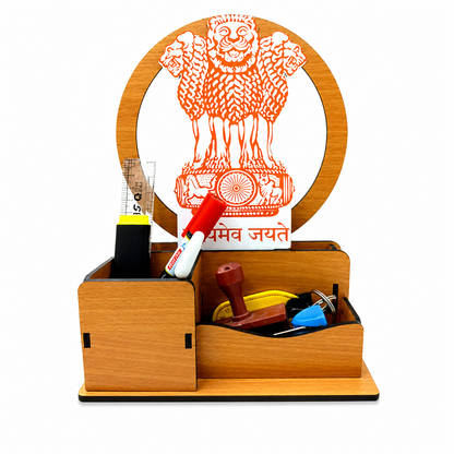 Ashoka Emblem Inspired Wooden Desk Organizer with Pen Stand | Multipurpose Office Table Organizer for Pens, Stationery & Accessories | Premium Laminated MDF Wood Desk Caddy for Office, Home & Study Table