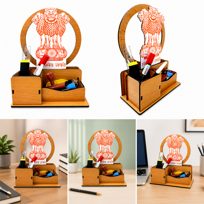 Ashoka Emblem Inspired Wooden Desk Organizer with Pen Stand | Multipurpose Office Table Organizer for Pens, Stationery & Accessories | Premium Laminated MDF Wood Desk Caddy for Office, Home & Study Table