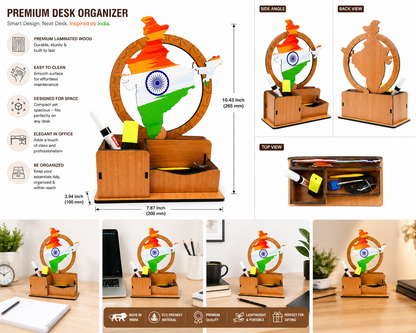 India Map Inspired Wooden Desk Organizer with Pen Stand | Premium Laminated MDF Office Table Organizer for Pens, Stationery & Accessories | Multipurpose Desk Caddy for Office, Home & Study Table