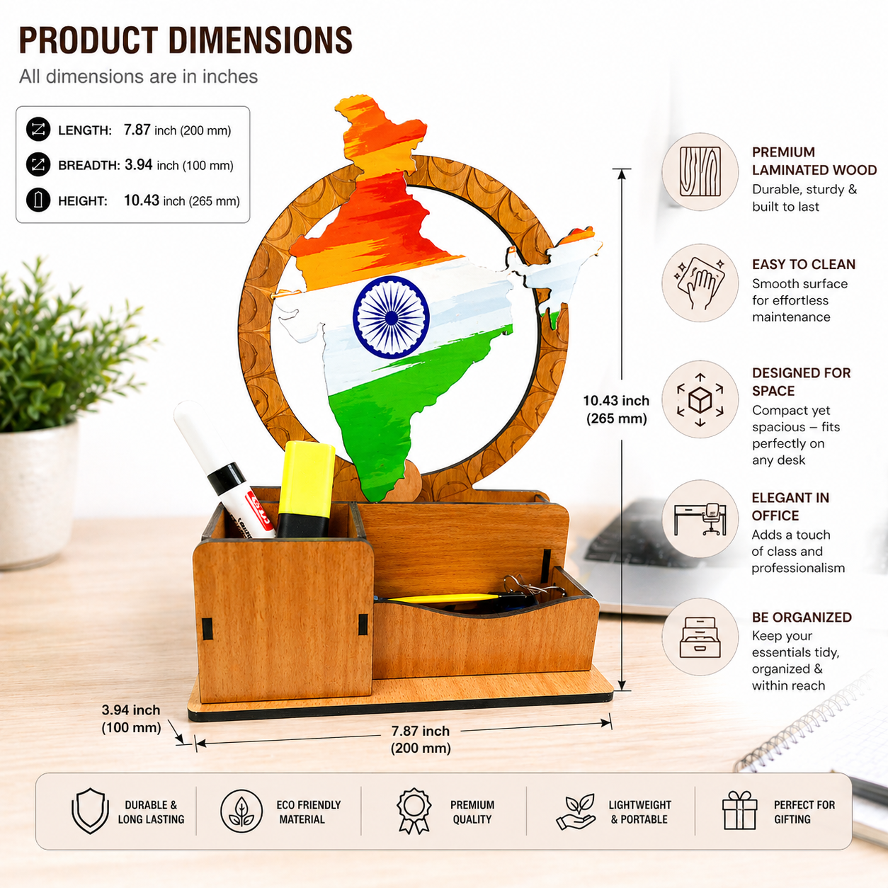 India Map Inspired Wooden Desk Organizer with Pen Stand | Premium Laminated MDF Office Table Organizer for Pens, Stationery & Accessories | Multipurpose Desk Caddy for Office, Home & Study Table