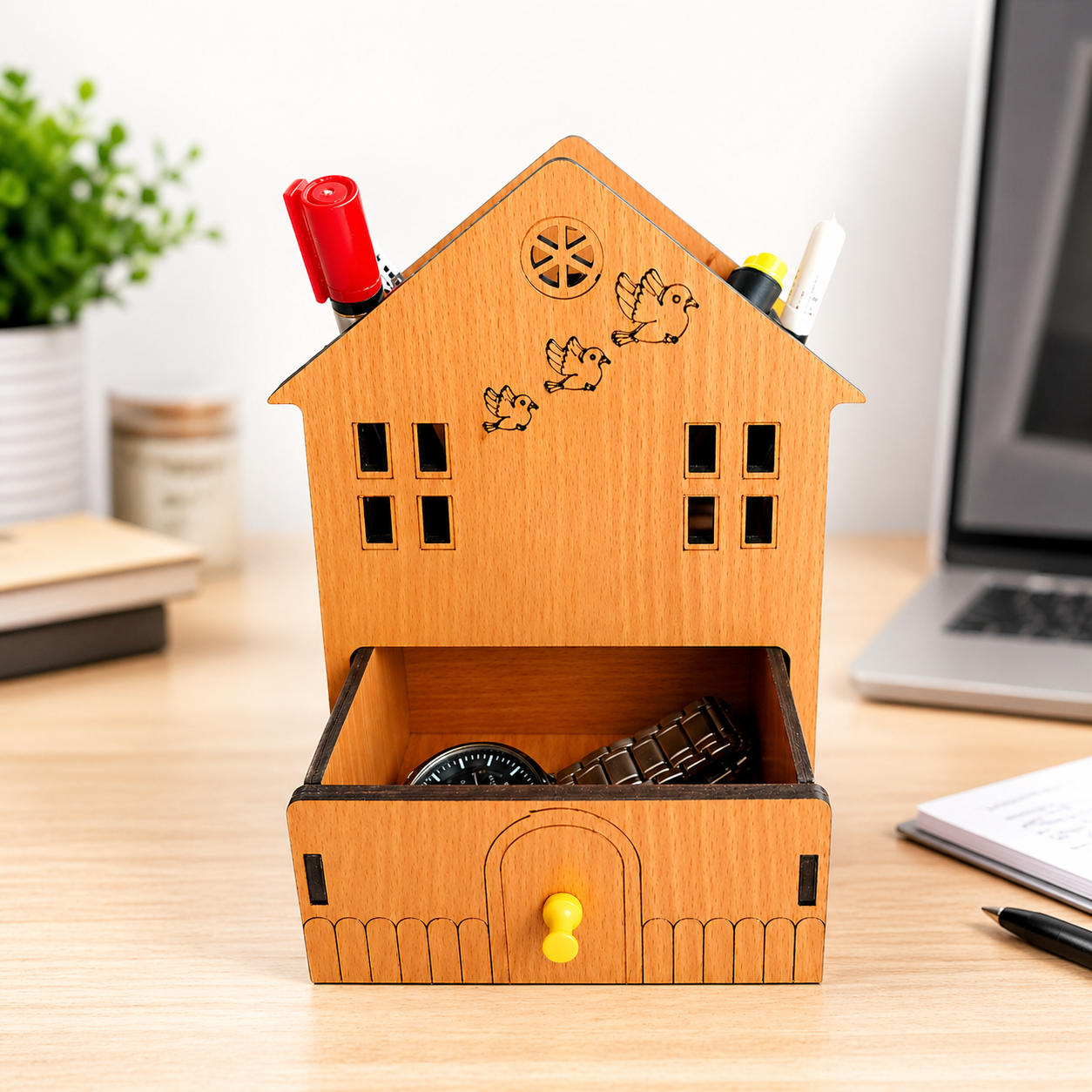 House Shape Wooden Desk Organizer with Drawer | Multipurpose Pen Stand & Stationery Holder for Office Desk, Study Table & Home | Premium Laminated MDF Desktop Organizer Box