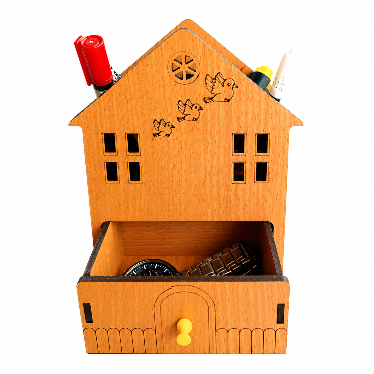 House Shape Wooden Desk Organizer with Drawer | Multipurpose Pen Stand & Stationery Holder for Office Desk, Study Table & Home | Premium Laminated MDF Desktop Organizer Box