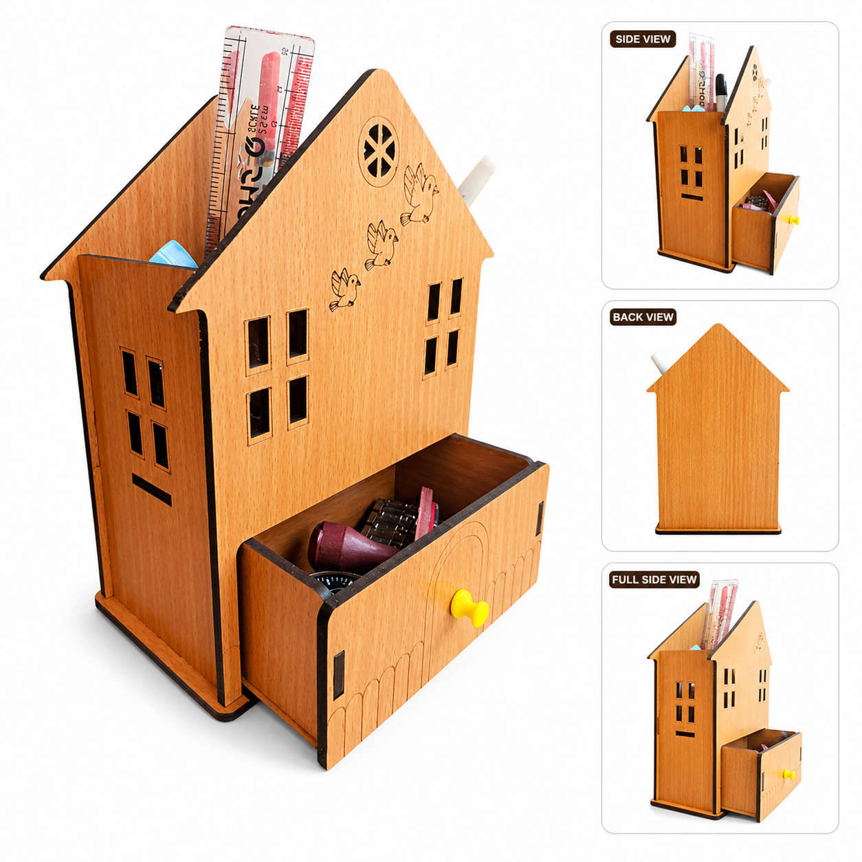 House Shape Wooden Desk Organizer with Drawer | Multipurpose Pen Stand & Stationery Holder for Office Desk, Study Table & Home | Premium Laminated MDF Desktop Organizer Box