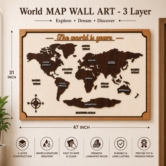 World Map Wall Art – 3 Layer Premium Laminated Wooden Wall Decor (47 x 31 Inch)