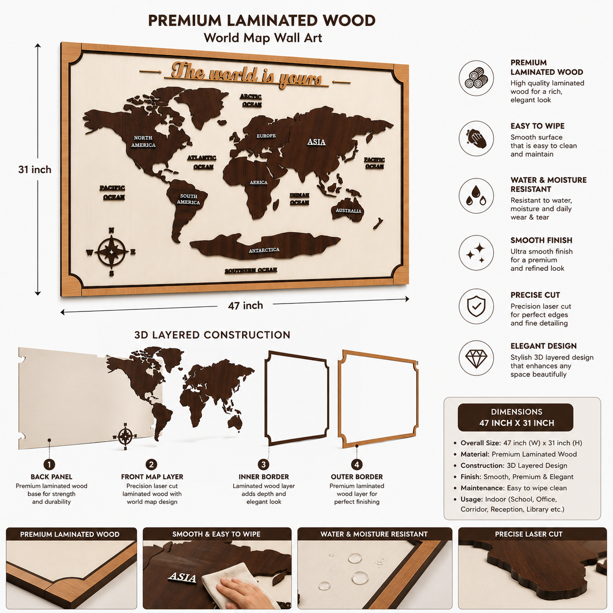 World Map Wall Art – 3 Layer Premium Laminated Wooden Wall Decor (47 x 31 Inch)