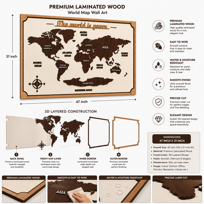World Map Wall Art – 3 Layer Premium Laminated Wooden Wall Decor (47 x 31 Inch)