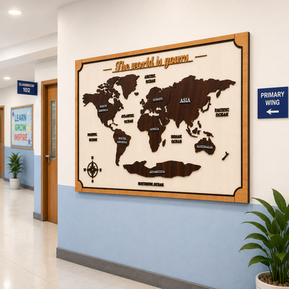 World Map Wall Art – 3 Layer Premium Laminated Wooden Wall Decor (47 x 31 Inch)