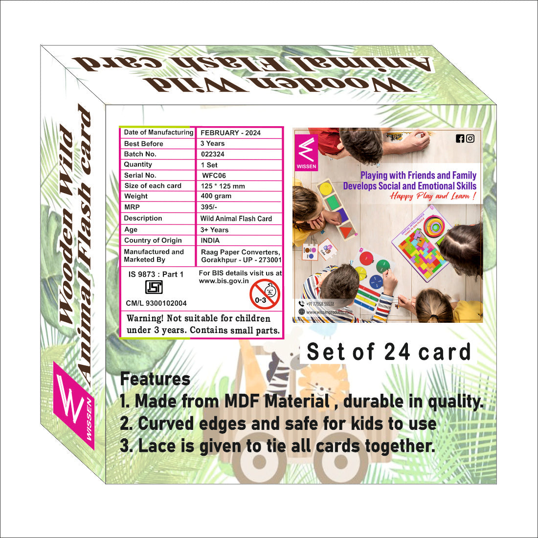 Wooden (MDF) Wild Animals  Learning Flash card with lacing thread.