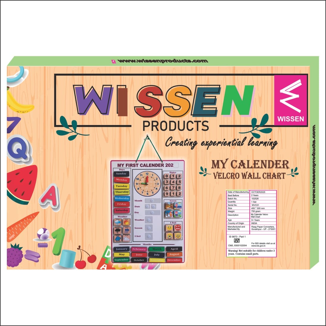 Wooden My First  Calendar Activity Learning Board- Velcro Based for Kids