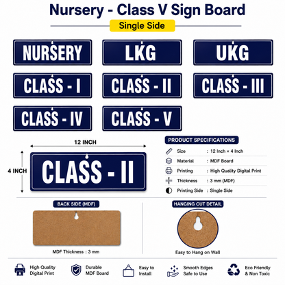Nursery – Class V Sign Board (Single Side) - MDF - 12*4 inch each- Set of 8 Sign boards