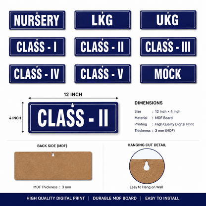 Nursery – Class V Sign Board (Single Side) - MDF - 12*4 inch each- Set of 8 Sign boards