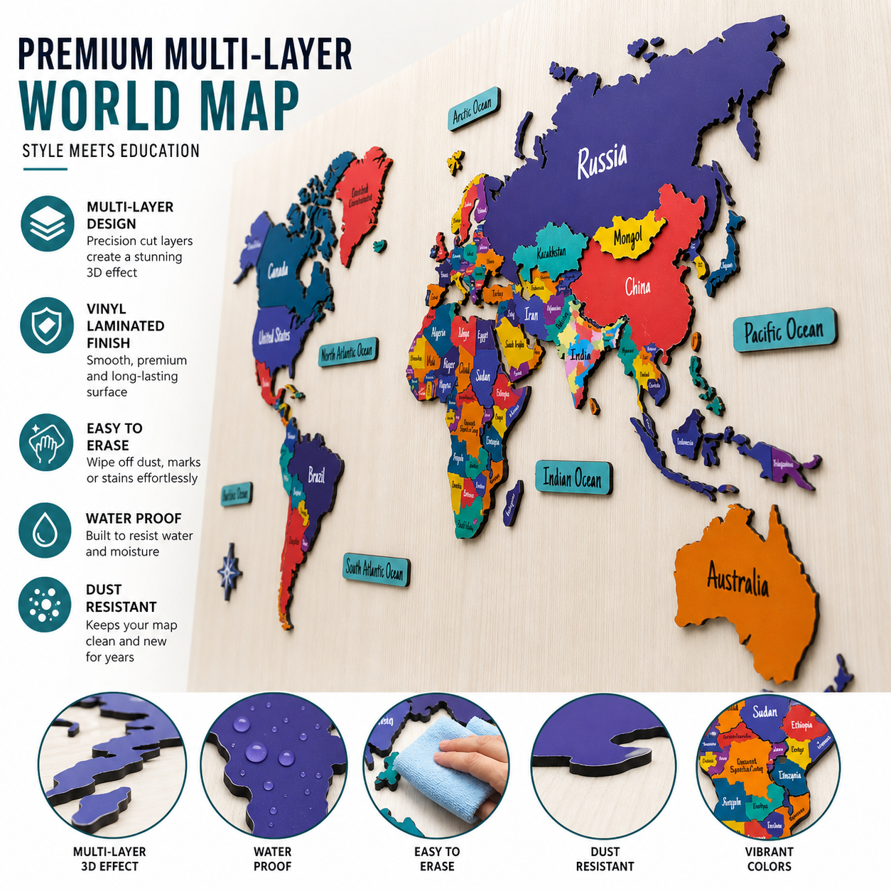 Wooden 3D World MAP Decor - The World in Layers Map